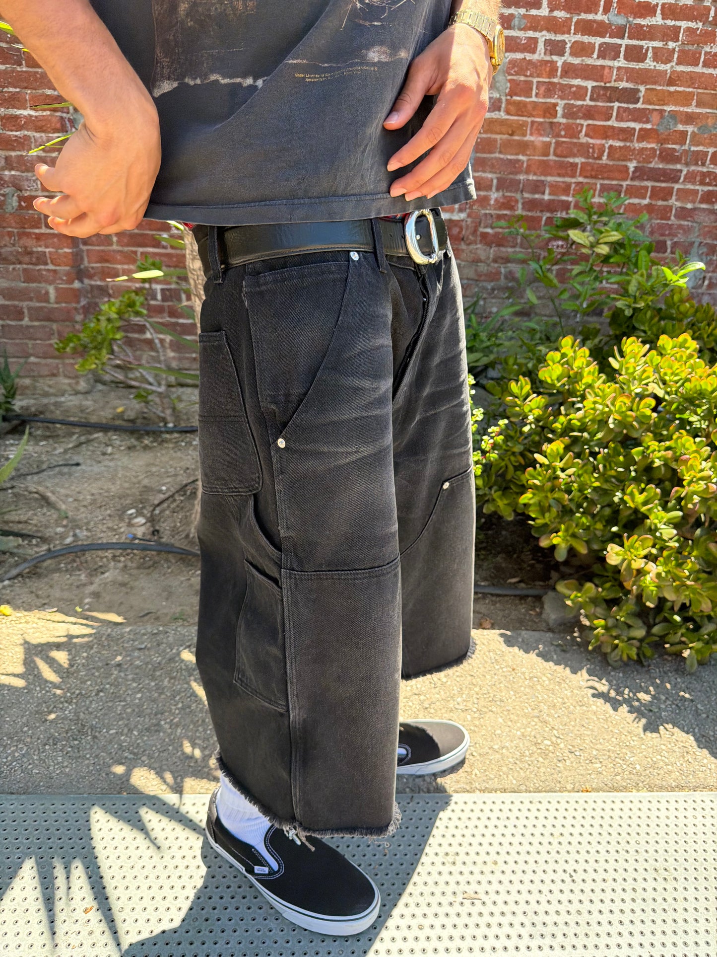 Black Faded Denim Doubleknees Capri