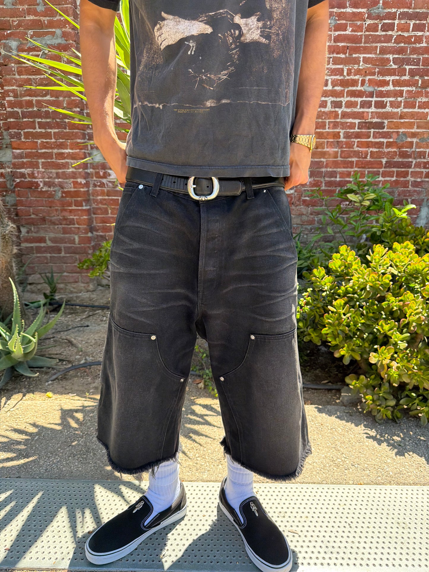 Black Faded Denim Doubleknees Capri