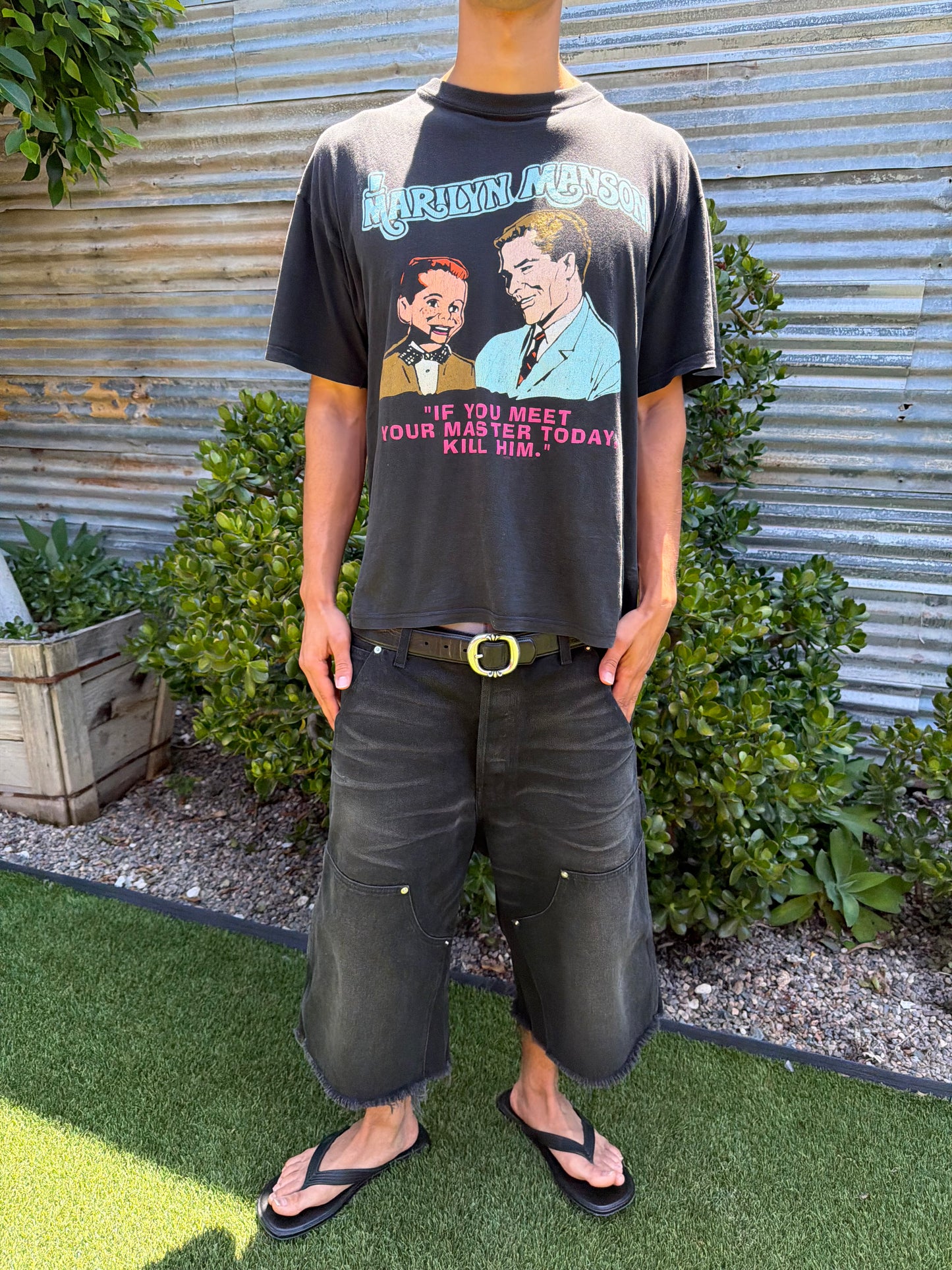 Black Faded Denim Doubleknees Capri