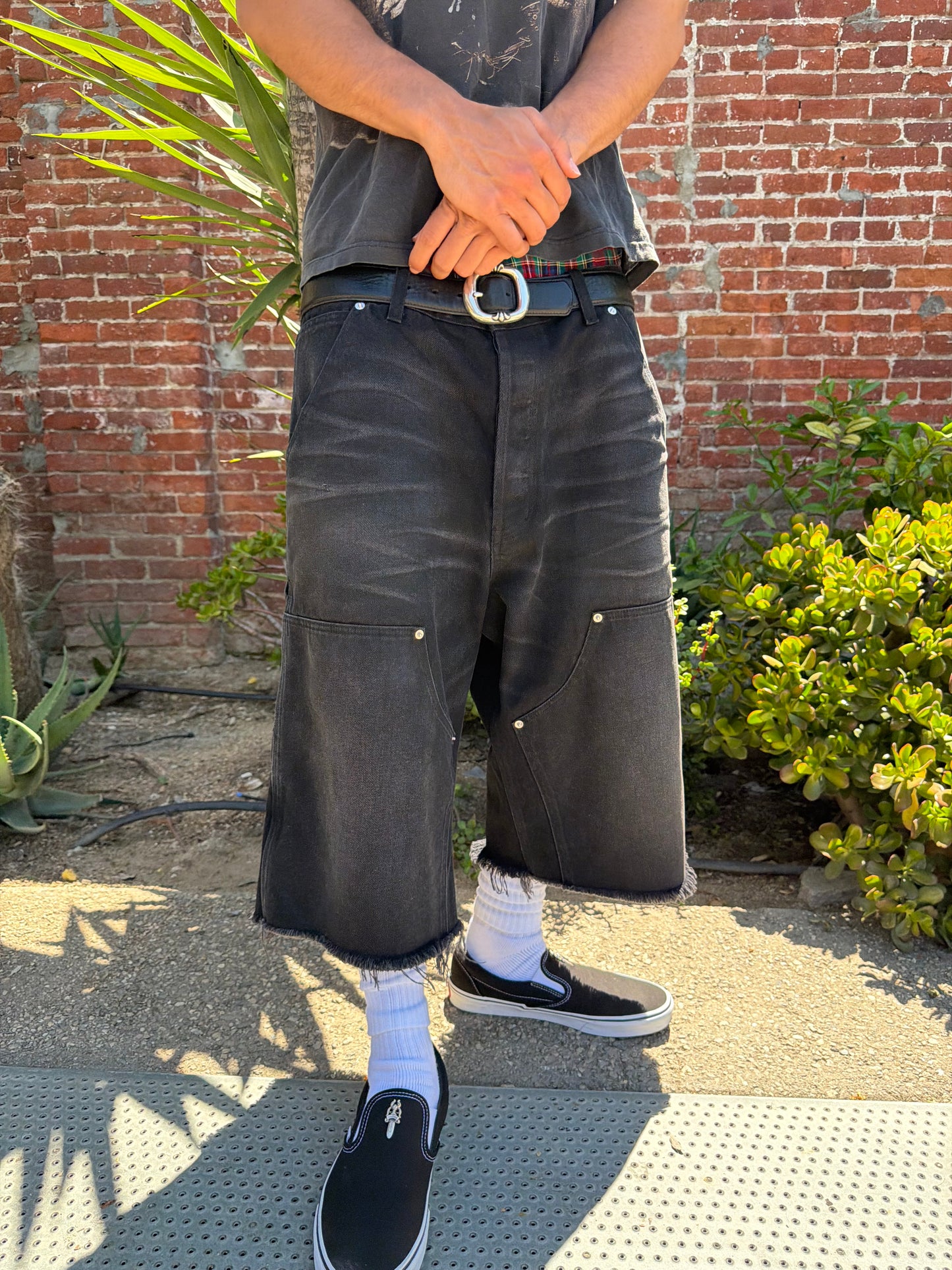 Black Faded Denim Doubleknees Capri