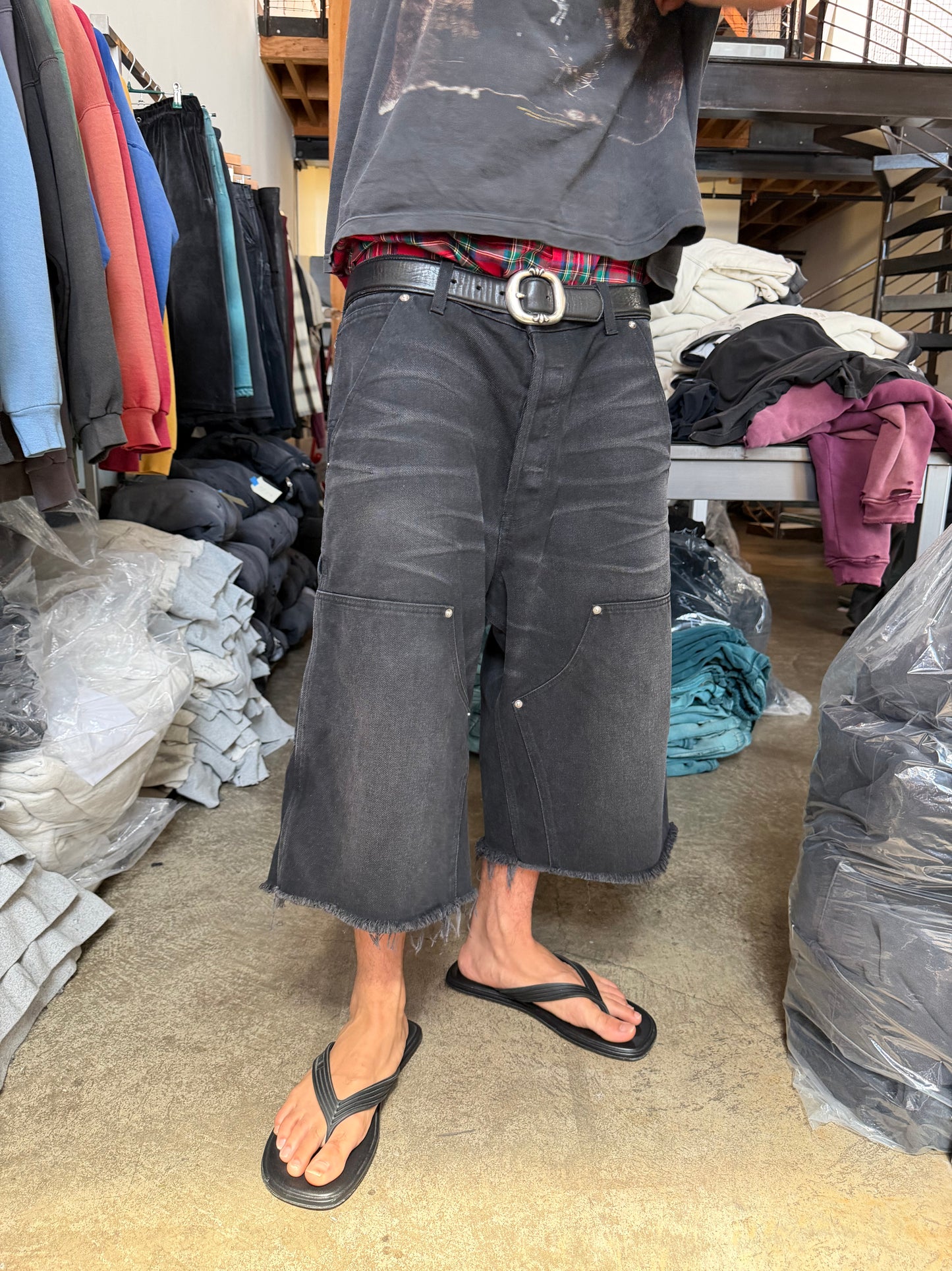 Black Faded Denim Doubleknees Capri