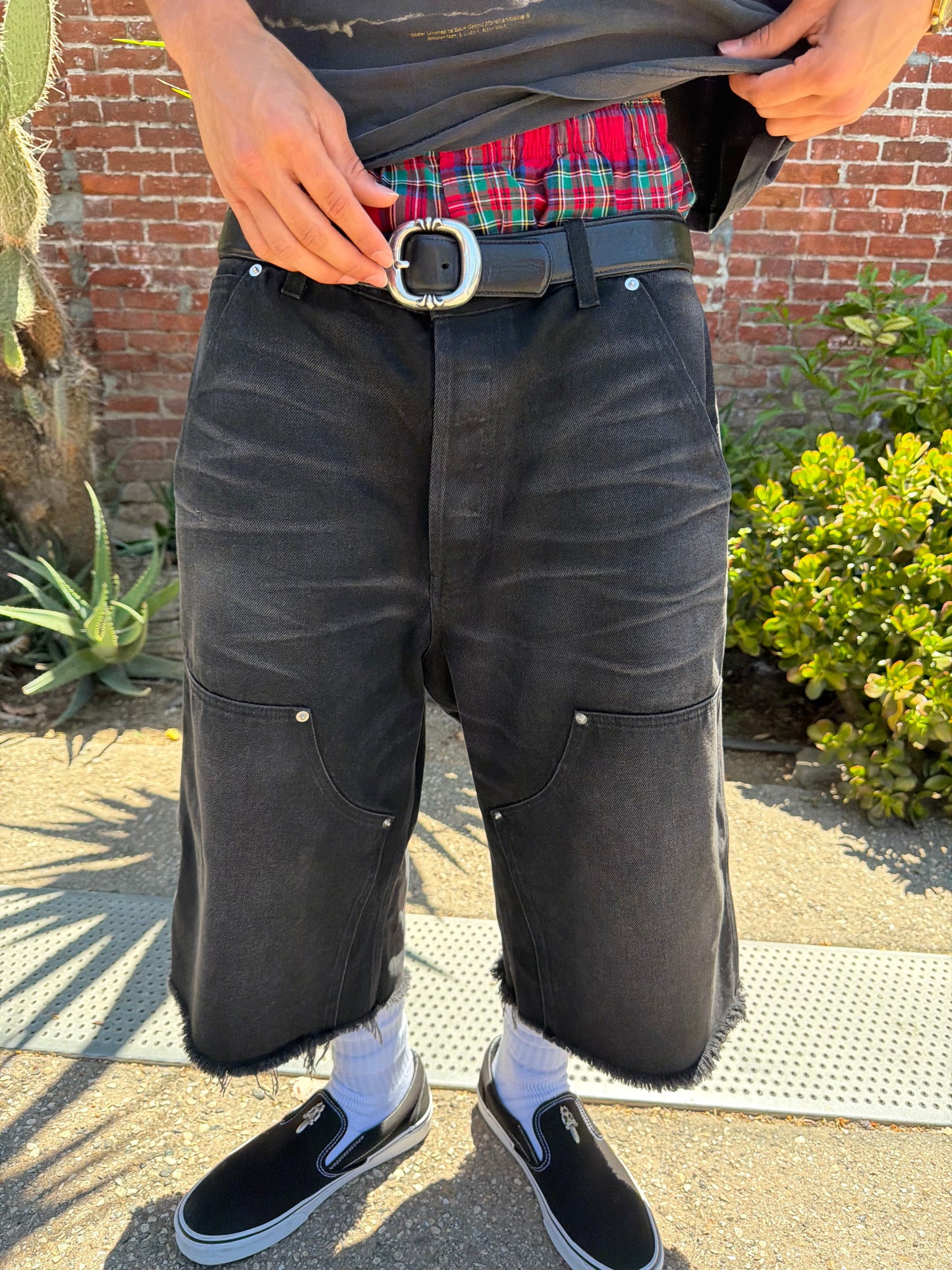 Black Faded Denim Doubleknees Capri