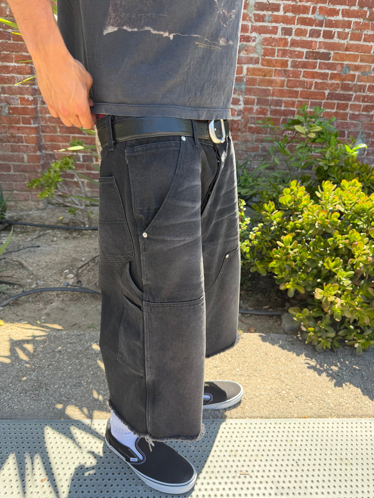 Black Faded Denim Doubleknees Capri