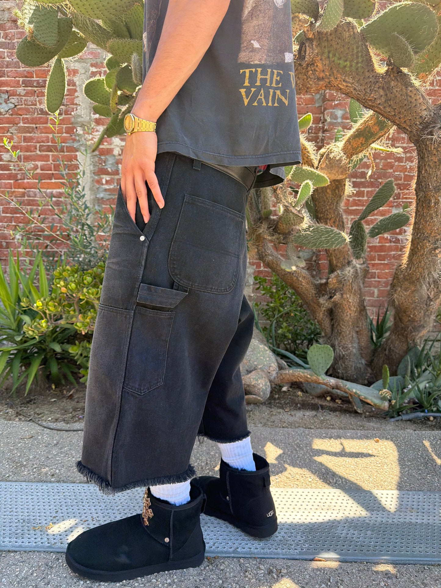 Black Faded Denim Doubleknees Capri