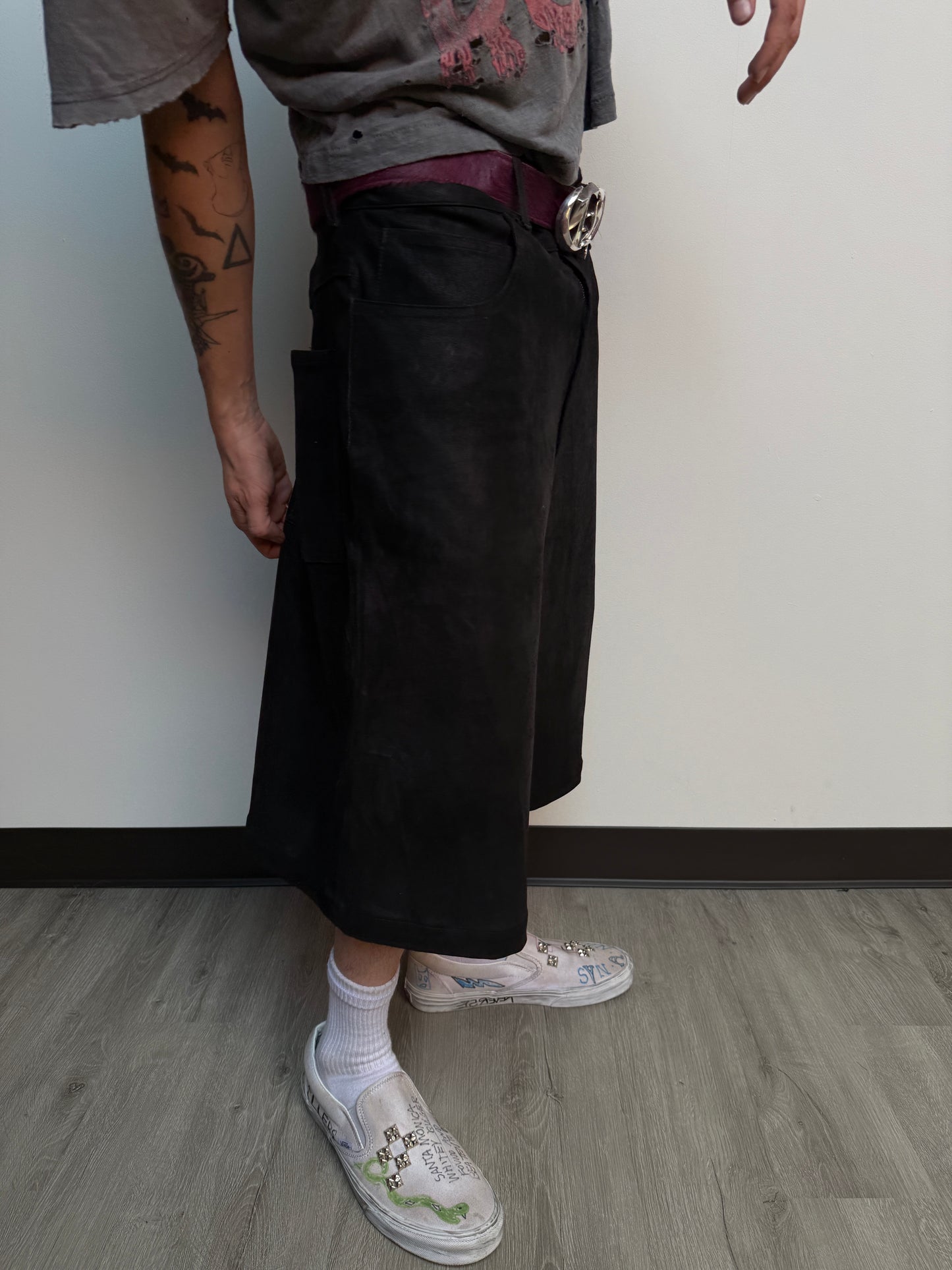 Aged Black Leather Shorts