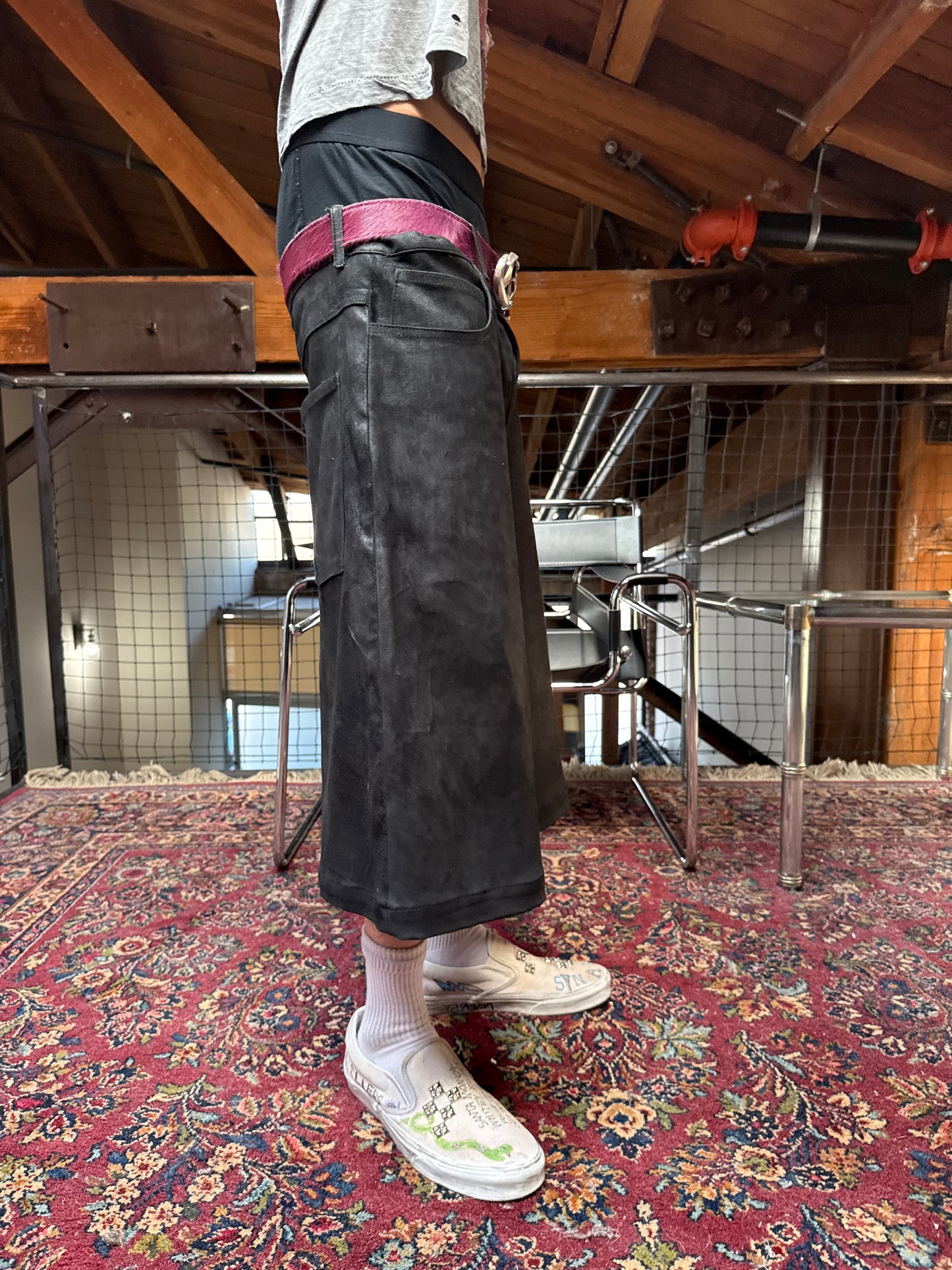 Aged Black Leather Shorts
